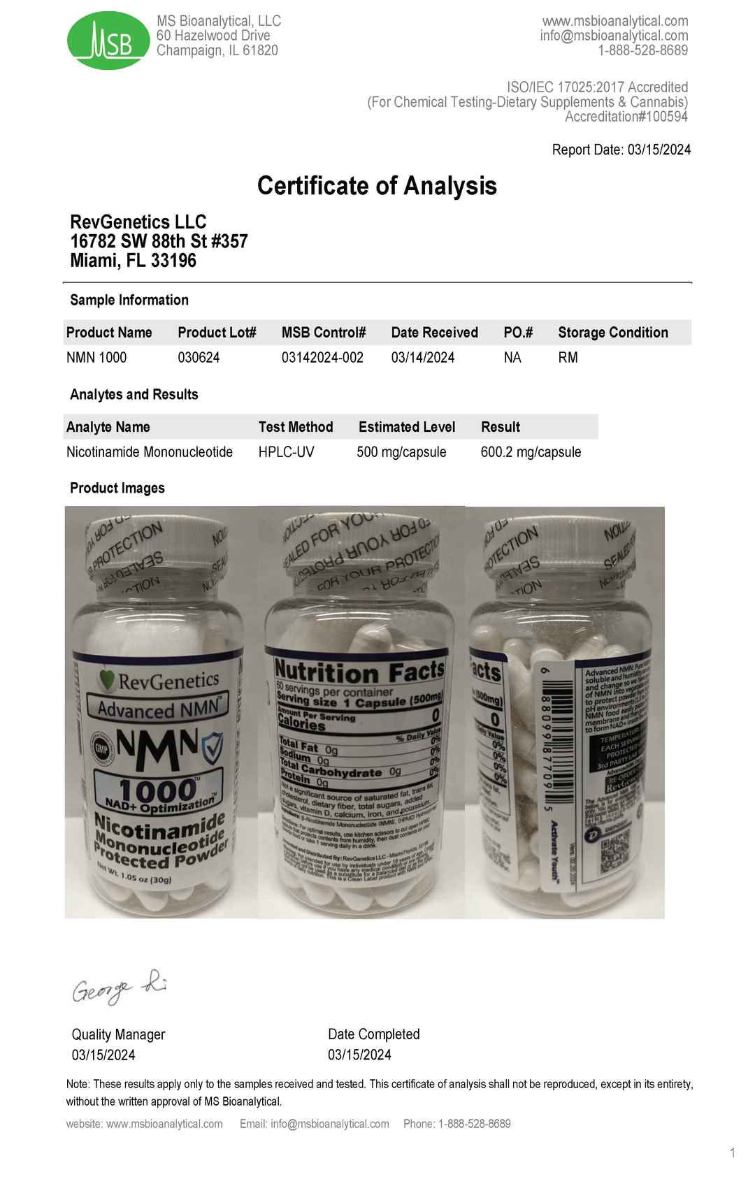Advanced NMN 1000 mg: 60 500mg Capsules AdvancedNMN1000-COA03152024