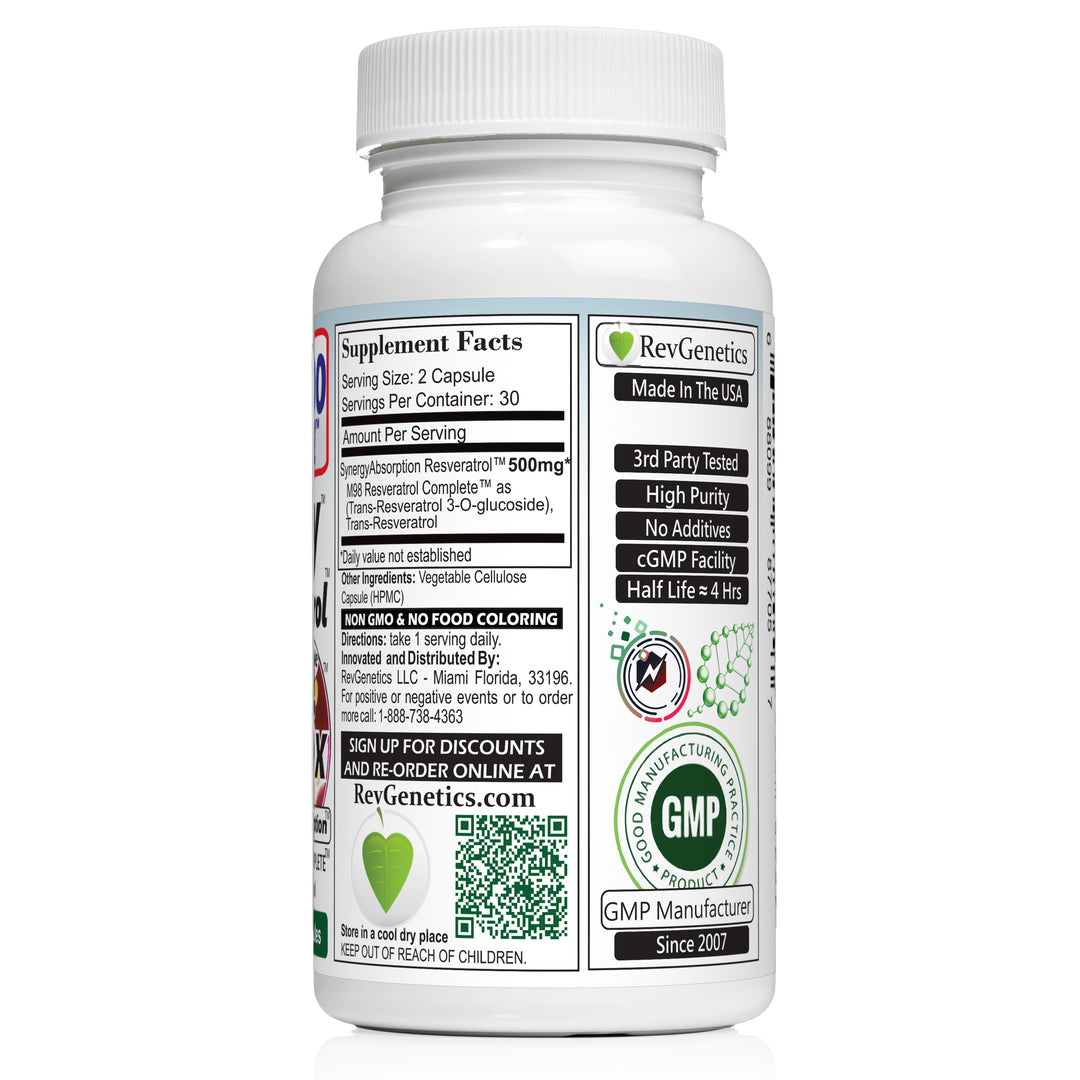 RevGenetics Nitro Micronized Resveratrol Supplement - Nitro500 500mg for Anti-Aging, GMP-Certified - Heart This Today For Health, 3rd party assured By RevGenetics Nitro500-R Member Products,All Products