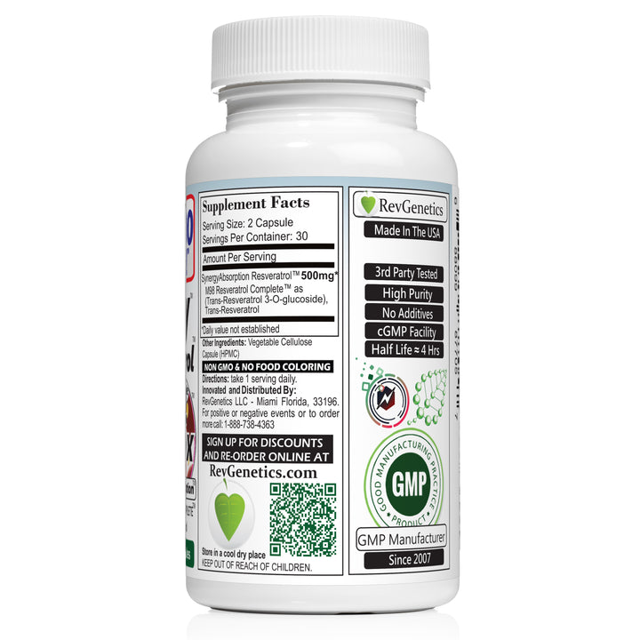 RevGenetics Nitro Micronized Resveratrol Supplement - Nitro500 500mg for Anti-Aging, GMP-Certified - Heart This Today For Health, 3rd party assured By RevGenetics Nitro500-R Member Products,All Products