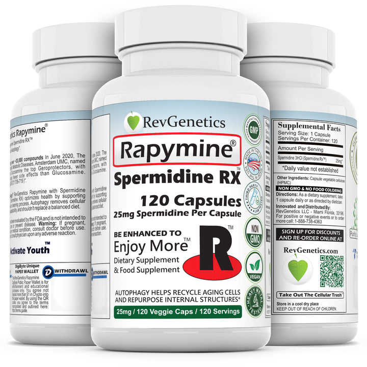 RevGenetics Rapymine - Spermidine Supplement for Autophagy and Anti-Aging: - 25mg Dose, GMP-Certified Quality Rapymine-25mgSpermidine-Group Member Products,All Products