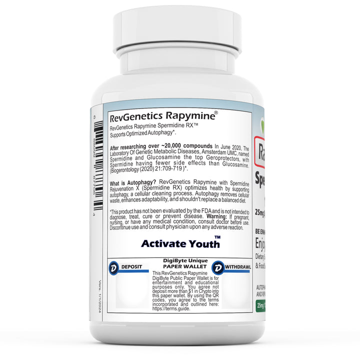 RevGenetics Rapymine - Spermidine Supplement for Autophagy and Anti-Aging: - 25mg Dose, GMP-Certified Quality Rapymine-25mgSpermidine-Left Member Products,All Products