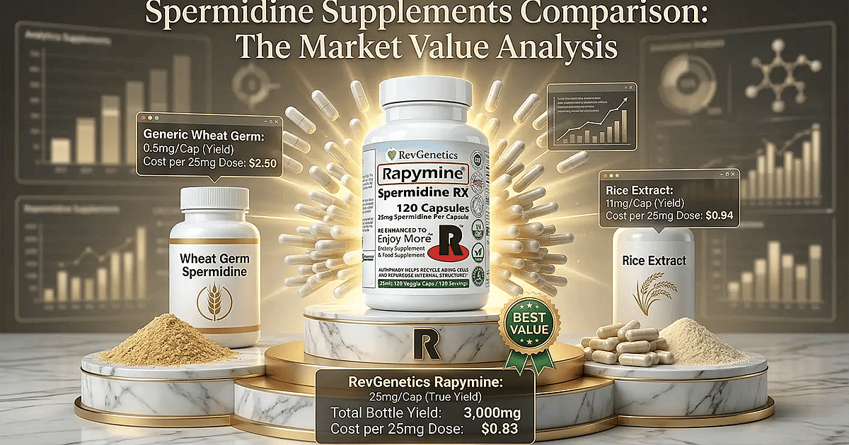Spermidine supplement price comparison chart showing cost per milligram across leading brands