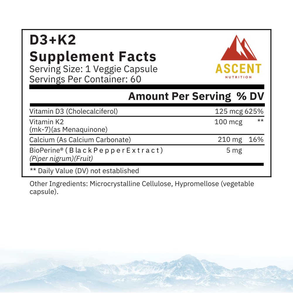 Ascent Nutrition D3 + K2, 60 Capsules, 125 mcg D3 + 100 mcg K2 46 simple