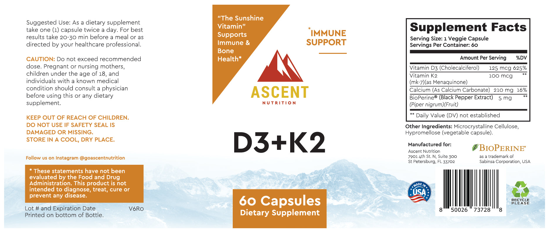 Ascent Nutrition D3 + K2, 60 Capsules, 125 mcg D3 + 100 mcg K2 Ascent_Nutrition_D3_K2_Product_Label simple