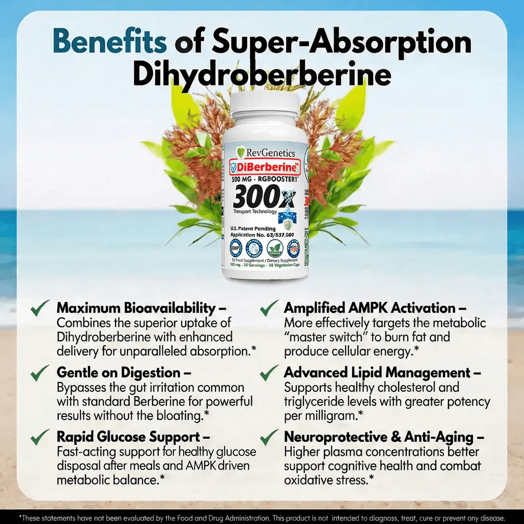 RevGenetics DiBerberine 300x: Dihydro Berberine Enteric + 300x Patent Pending Booster DiBerberine-Benefits-x1500_x Member Products,All Products
