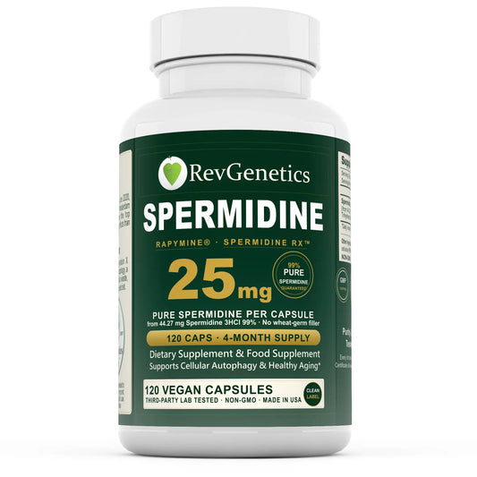 Rapymine Spermidine 25mg pure spermidine per capsule by RevGenetics, 120-count bottle, front