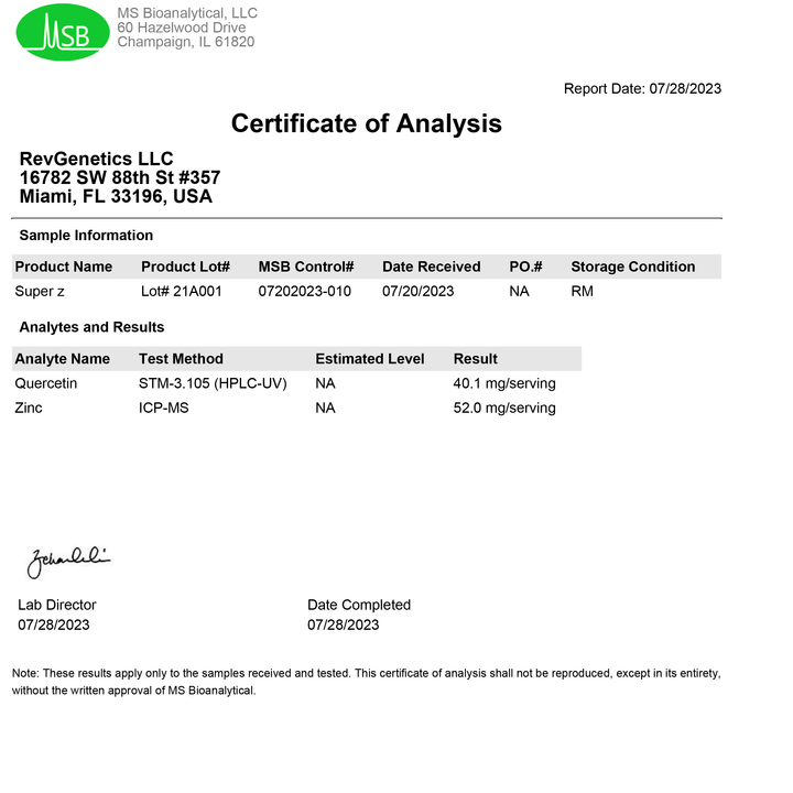 MetaQuercetin SuperZ: Micelle + Ionophore Powered Zinc™ - PreOrder will be announced soon MetaQuercetin-COARe-TestLot_21A001