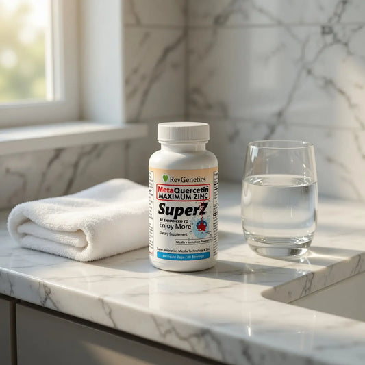 RevGenetics Super Z - Nano Quercetin with Zinc in Micelles Supplement - Advanced Micelle Ionophore Formula for Anti-aging Health - Immune to plain Zinc- Better than liposomal -By RevGenetics MetaQuercetin_bathroom Member Products,All Products