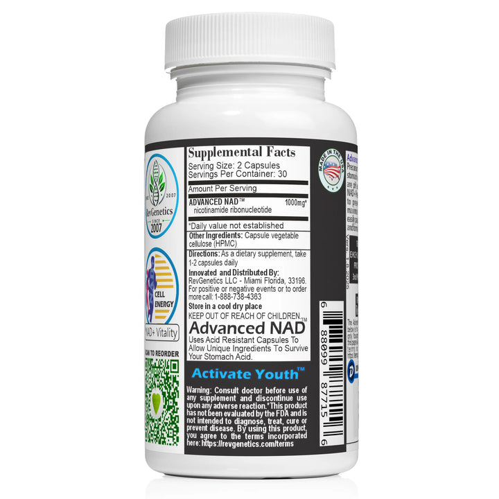 RevGenetics Advanced NAD 1000 Supplement - 1000mg NAD+ Precursor for Cellular Energy & Longevity Support - Made in USA GMP-Certified lab By RevGenetics NADsupplement-AdvancedNAD1000-Panelimg_jpg Member Products,All Products