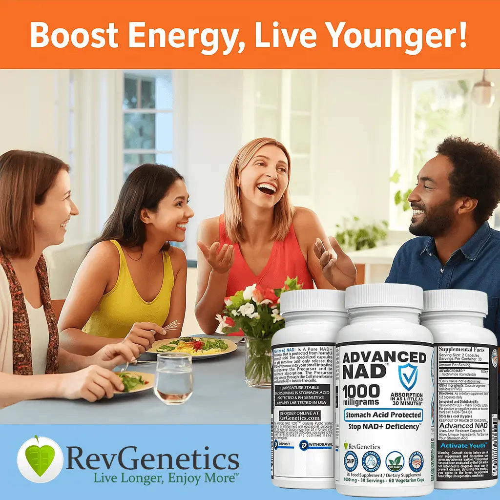 RevGenetics Advanced NAD 1000 Supplement - 1000mg NAD+ Precursor for Cellular Energy & Longevity Support - Made in USA GMP-Certified lab By RevGenetics NADsupplement-AdvancedNAD1000-_Group_2_png Member Products,All Products