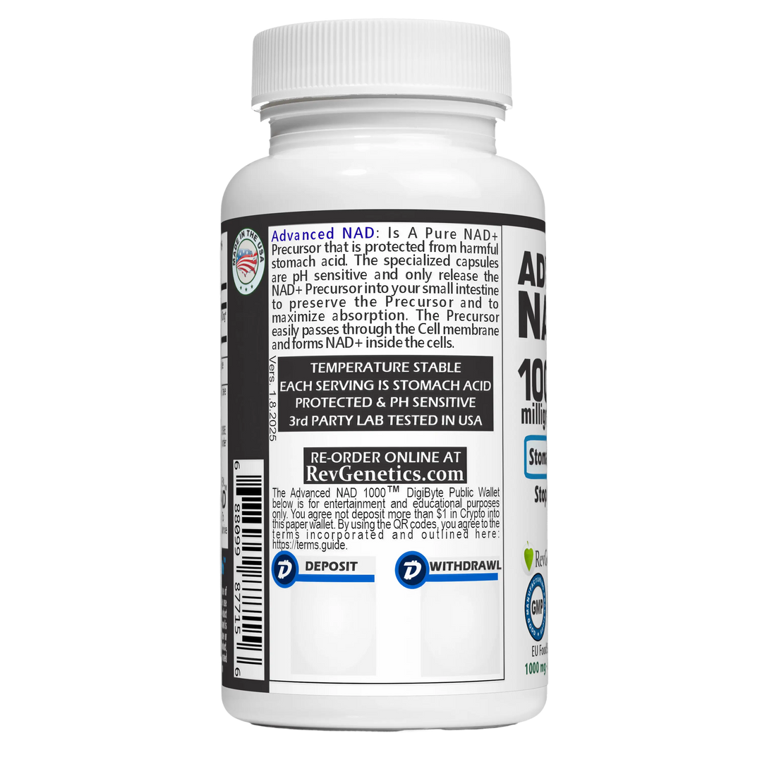 RevGenetics Advanced NAD 1000 Supplement - 1000mg NAD+ Precursor for Cellular Energy & Longevity Support - Made in USA GMP-Certified lab By RevGenetics NADsupplement-AdvancedNAD1000-left_png Member Products,All Products