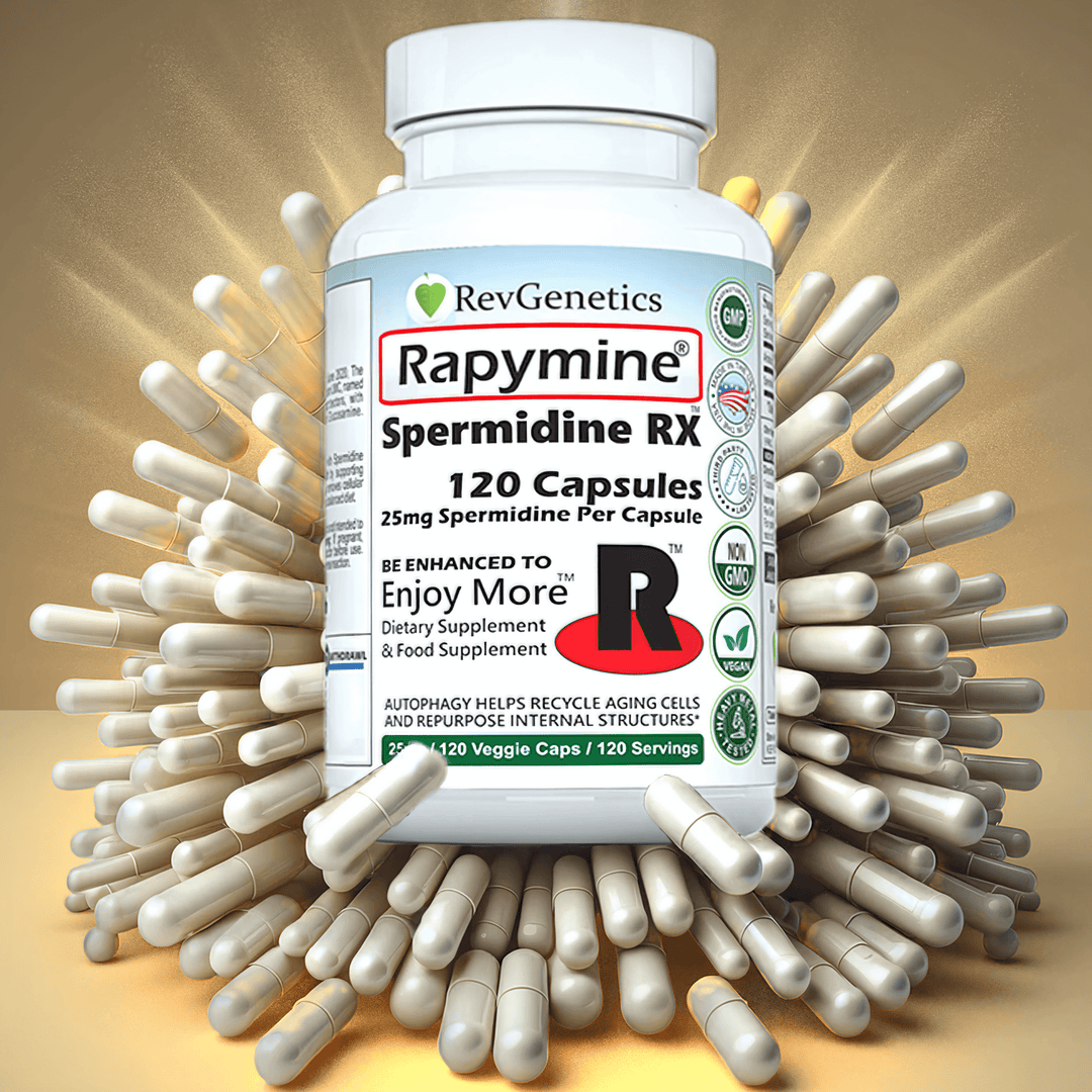 RevGenetics Rapymine®: 25mg Spermidine RX™ - 120 Capsules RapymineFlyingCapsulesxxxxx