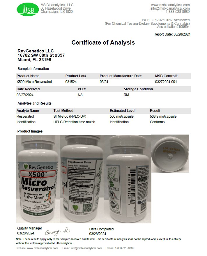 RevGenetics X500 -GMP Lab Certified Best Pure Resveratrol Supplement - 500mg Micronized Trans-Resveratrol for Anti-Aging, sirtuins, 3rd party lab assured - By RevGenetics X500ResveratrolLabTest03272024 Member Products,All Products