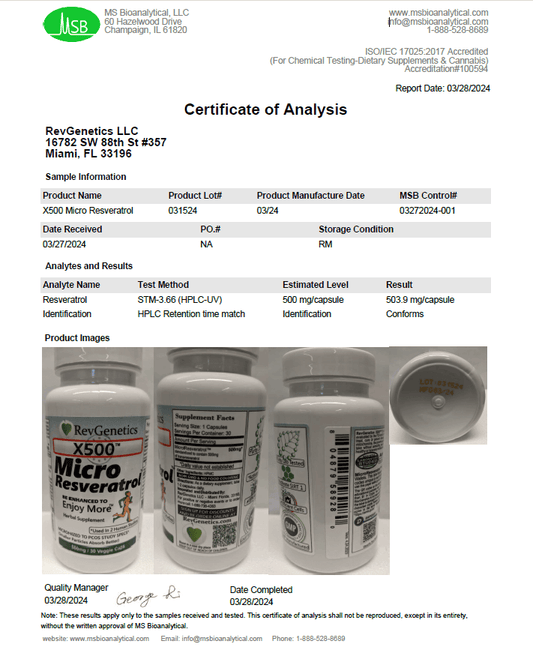 RevGenetics X500 -GMP Lab Certified Best Pure Resveratrol Supplement - 500mg Micronized Trans-Resveratrol for Anti-Aging, sirtuins, 3rd party lab assured - By RevGenetics X500ResveratrolLabTest03272024 Member Products,All Products