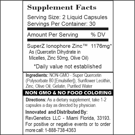 RevGenetics Super Z - Nano Quercetin with Zinc in Micelles Supplement - Advanced Micelle Ionophore Formula for Anti-aging Health - Immune to plain Zinc- Better than liposomal -By RevGenetics metaquercetin-capsules-ingredients-edited Member Products,All Products