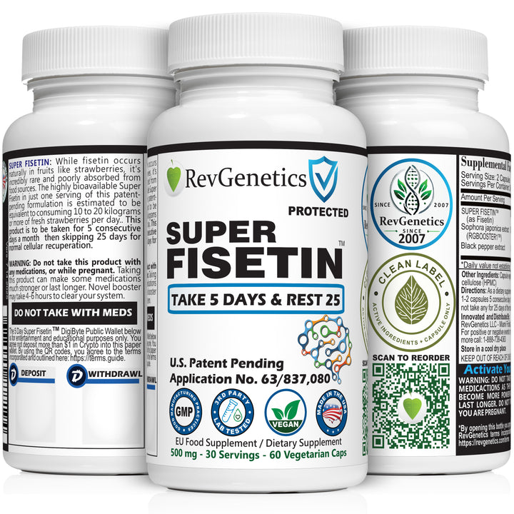 RevGenetics PREORDER: Super Fisetin 500mg - 6 Month Senolytic Supplement - Supports Cellular Health & Longevity - GMP-Certified - Destroy Zombie Cells - For Anti-Aging by RevGenetics super-fisetin-anti-aging-senolyticg Member Products,All Products
