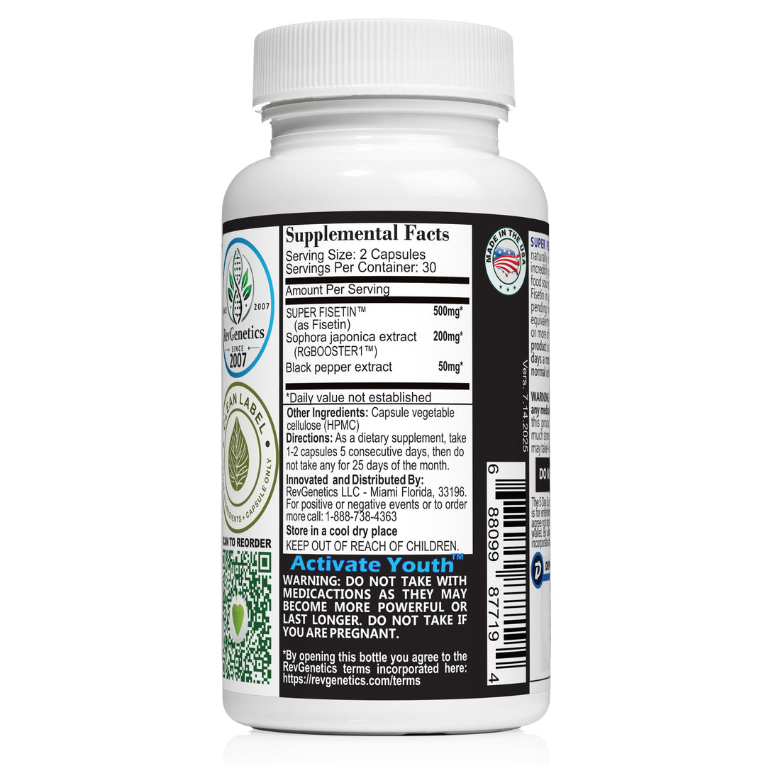 RevGenetics PREORDER: Super Fisetin 500mg - 6 Month Senolytic Supplement - Supports Cellular Health & Longevity - GMP-Certified - Destroy Zombie Cells - For Anti-Aging by RevGenetics super-fisetin-senolytic-nutrition-factsr Member Products,All Products