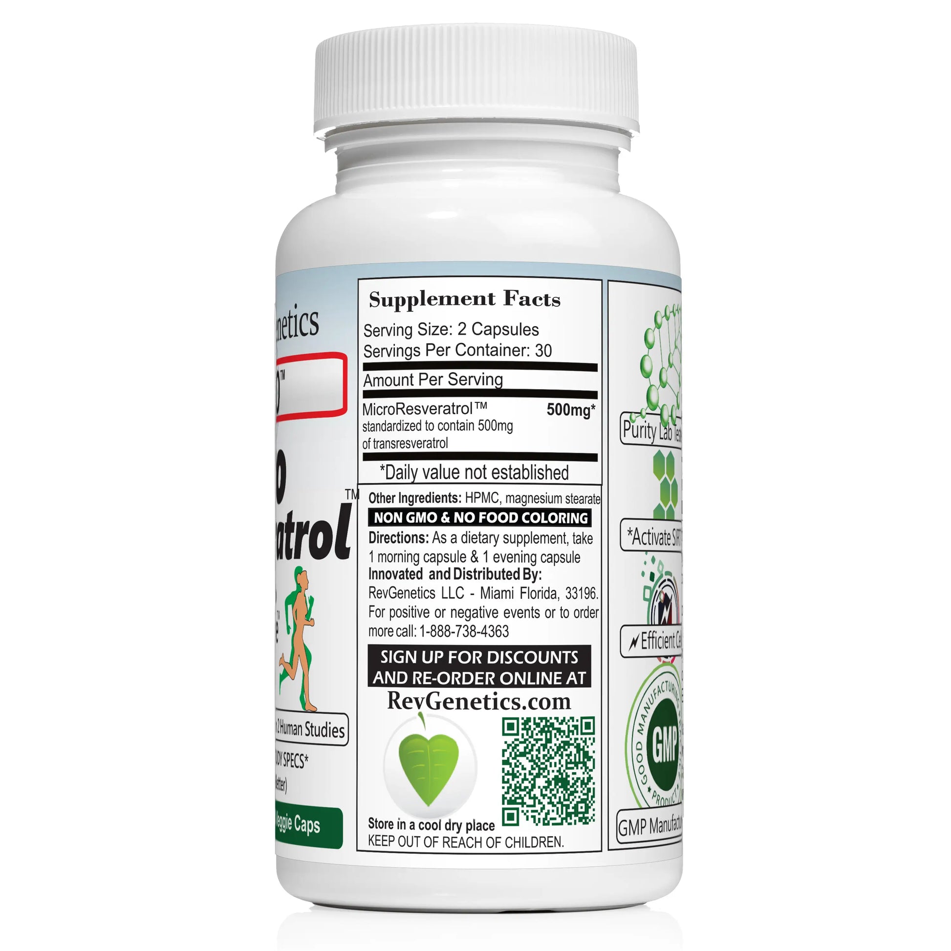 RevGenetics X500 -GMP Lab Certified Best Pure Resveratrol Supplement - 500mg Micronized Trans-Resveratrol for Anti-Aging, sirtuins, 3rd party lab tested x500_right Member Products,All Products