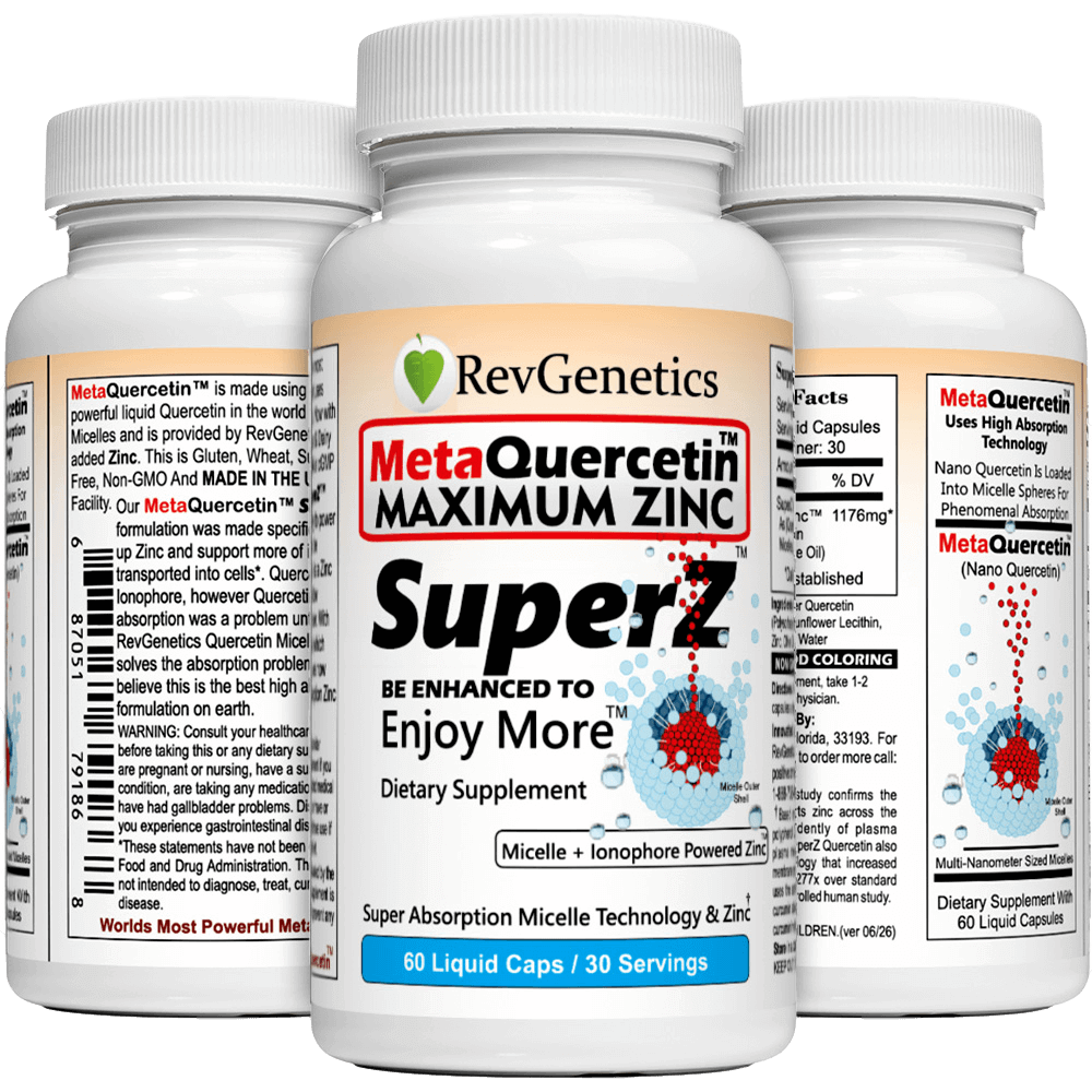 RevGenetics Super Z - Nano Quercetin with Zinc in Micelles Supplement - Advanced Micelle Ionophore Formula for Anti-aging Health - Immune to plain Zinc- Better than liposomal -By RevGenetics MetaQuercetinGroup1000x1000-sw Member Products,All Products