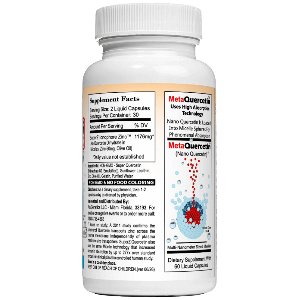 RevGenetics Super Z - Nano Quercetin with Zinc in Micelles Supplement - Advanced Micelle Ionophore Formula for Anti-aging Health - Immune to plain Zinc- Better than liposomal -By RevGenetics MetaQuercetinRight993x993-sw Member Products,All Products