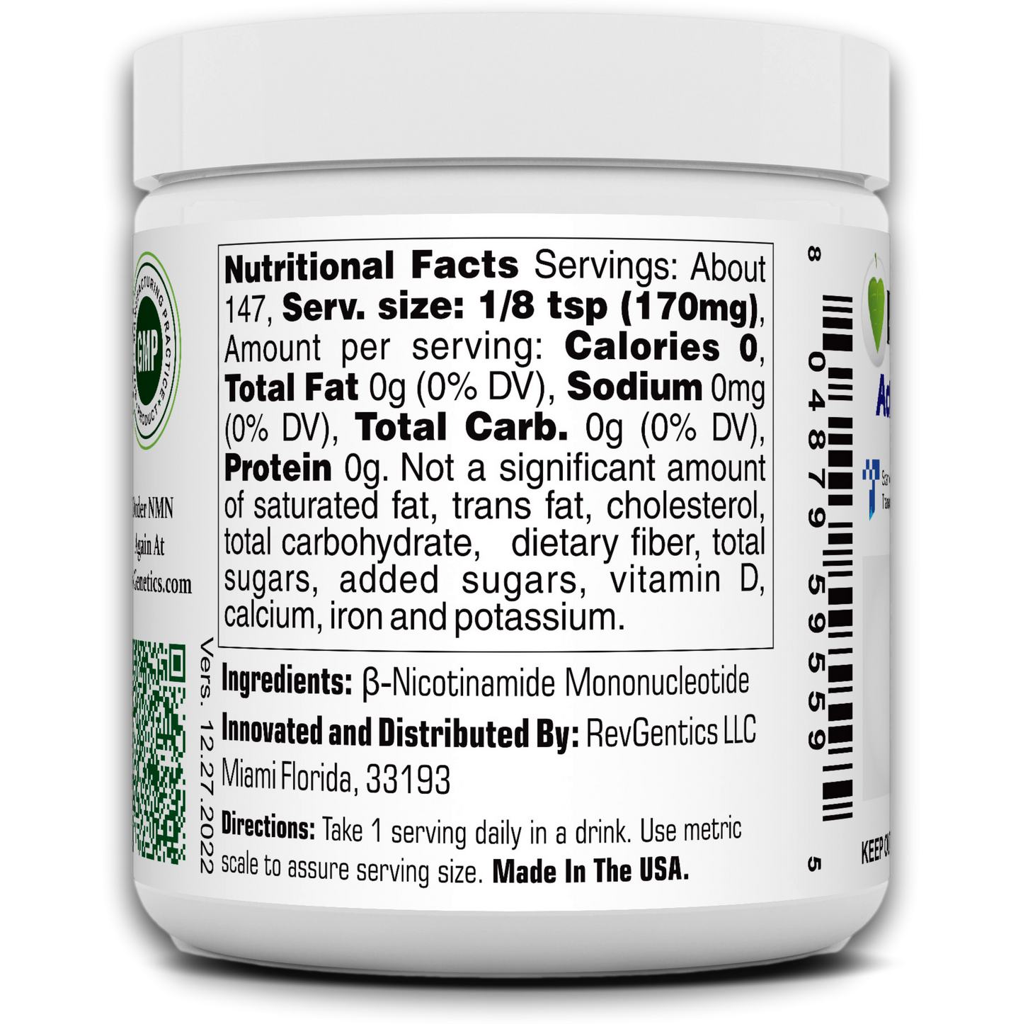RevGenetics Advanced NMN Supplement Powder- 25 Gram Jar NAD+ Precursor for Cellular Energy & Longevity Support - Made in USA GMP-Certified lab By RevGenetics NMN25Gramsright_food Member Products,All Products