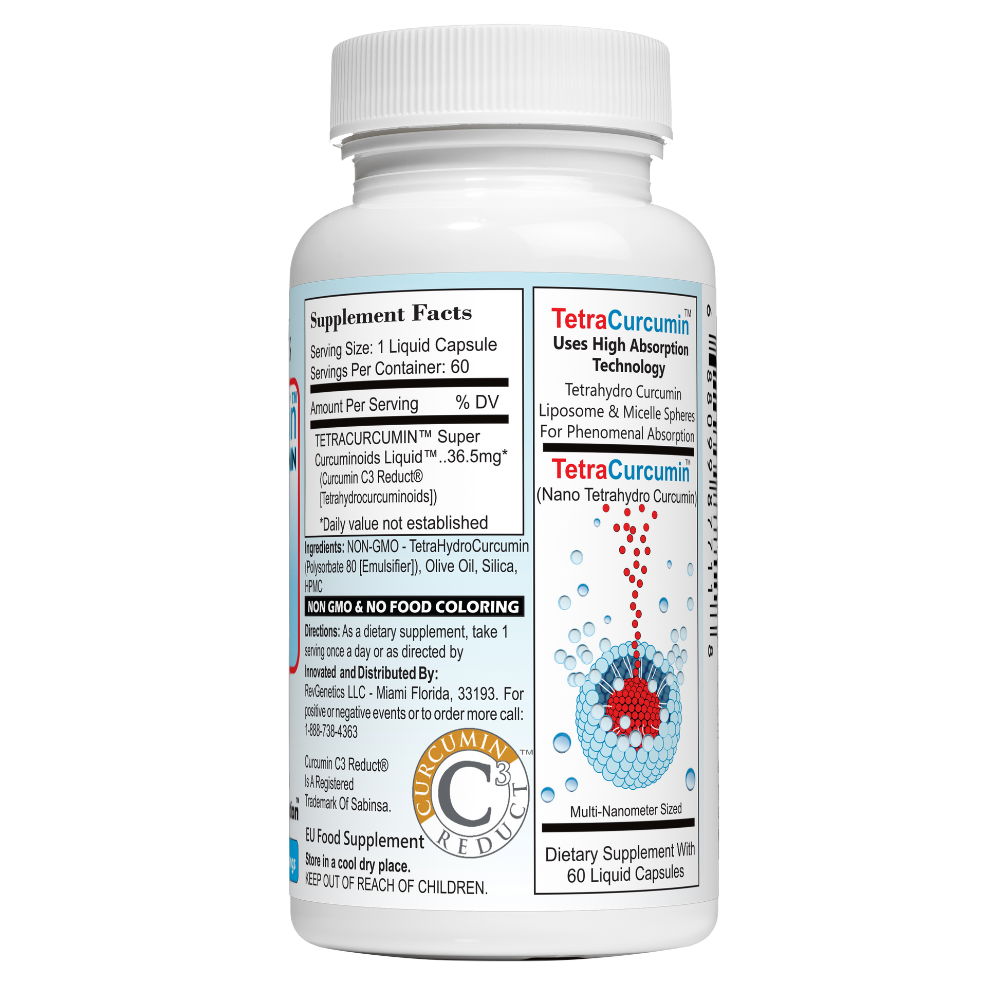 RevGenetics TetraCurcumin Nano Super Curcumin Supplement - Better Than 500mg Micronized for Anti-Aging - White Curcumin Supplement - Tetrahydro curcumin TetraCurcumin-right Member Products,All Products