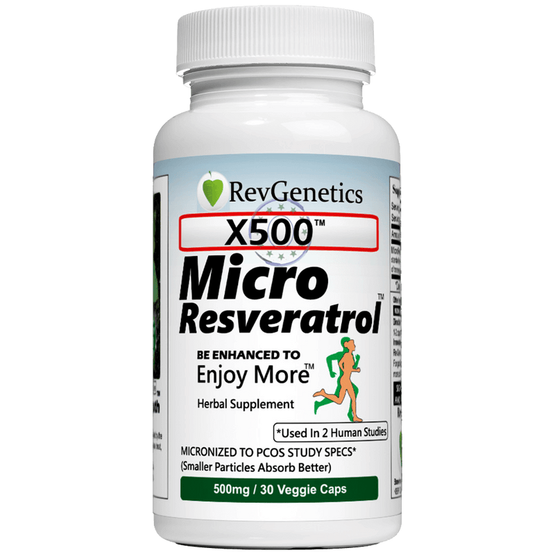 Suplemento de trans-resveratrol micronizado de 500 mg de resveratrol X500 para el equilibrio hormonal y la salud metabólica.
